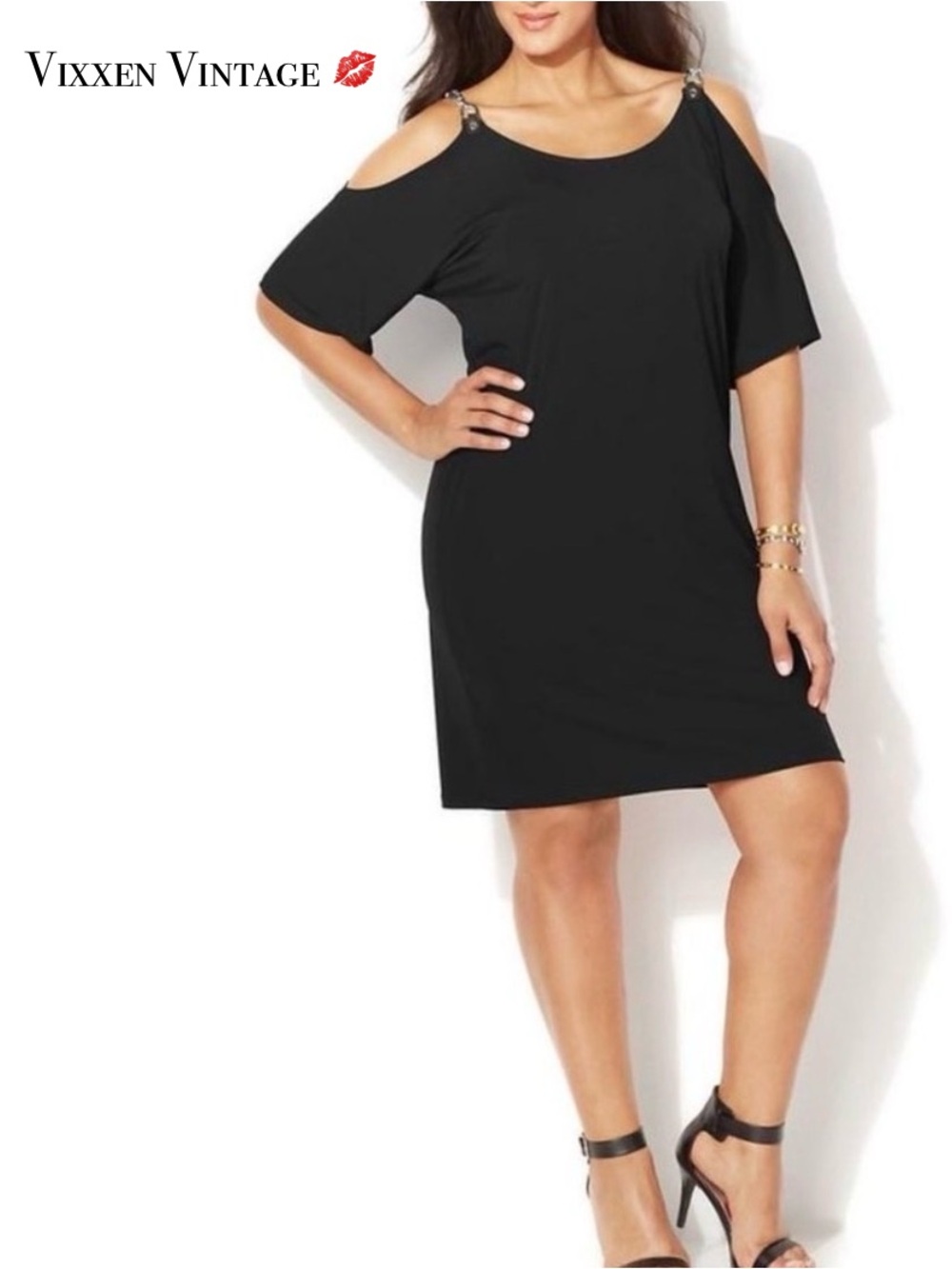 MICHAEL KORS 2015 CHAIN STRAP COLD SHOULDER SHIFT DRESS IN BLACK